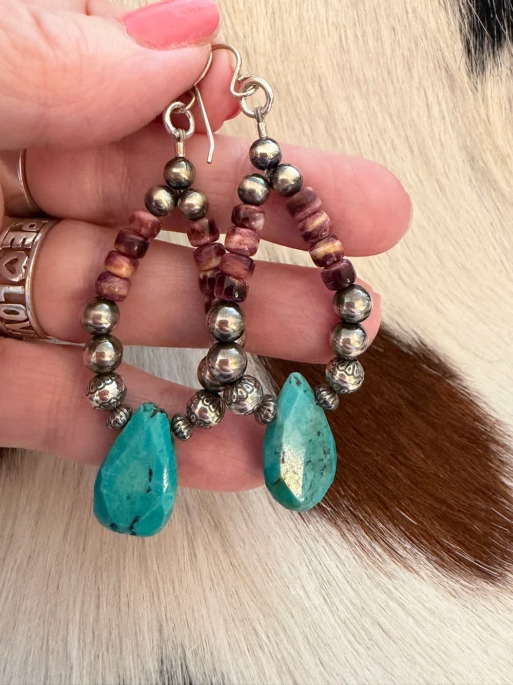 ❤️ Purple Spiny Oyster, Turquoise & Desert Pearl Dangle Earrings 925 USA 2.94”L